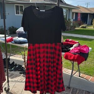Red buffalo print dress with black stretchy short sleeve top